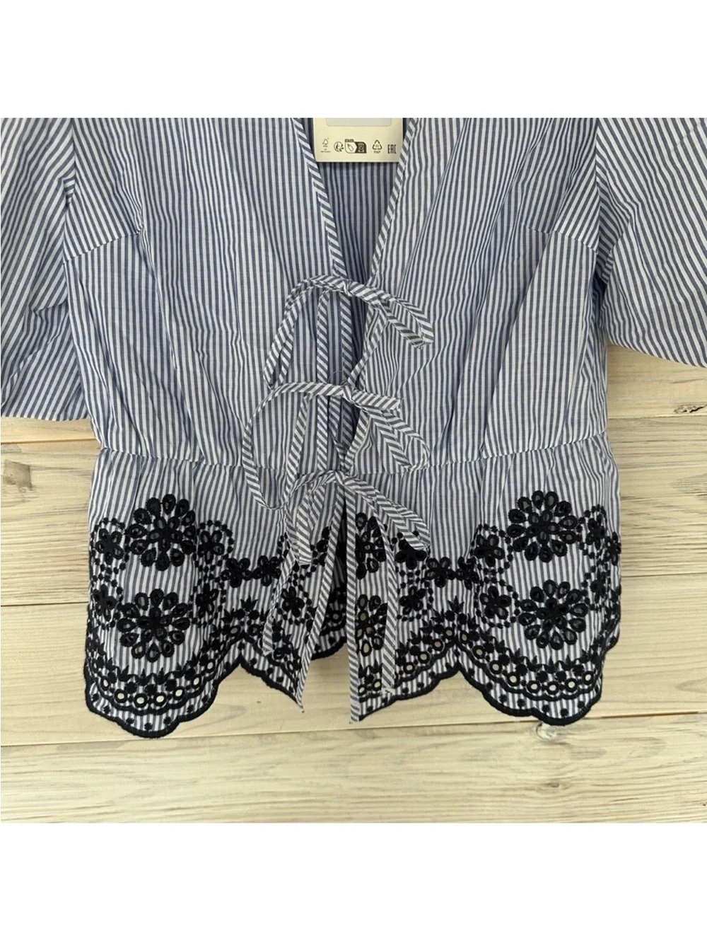 NWT ZARA Blue & White Striped Lace Hem Tie Front Blouse Size S